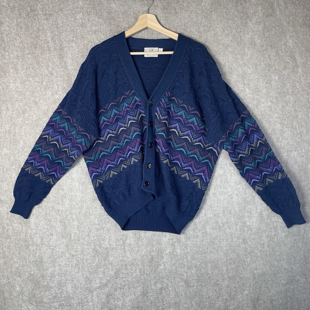Pronto Uomo Firenze Men's Cardigan Sweater Size 52/L Navy Multicolor Zig Zag